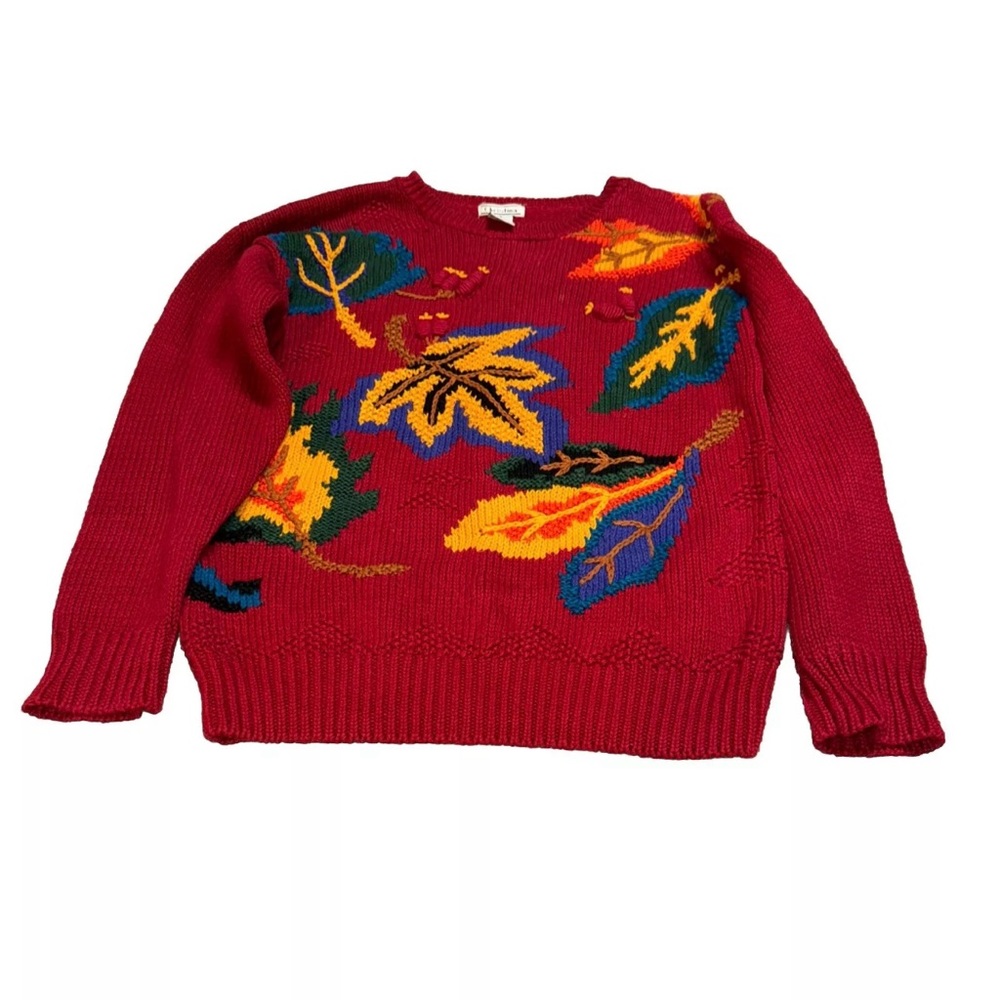 Vintage Christina  Hand Knit Sweater Womens Size Medium Leaves Fall Red